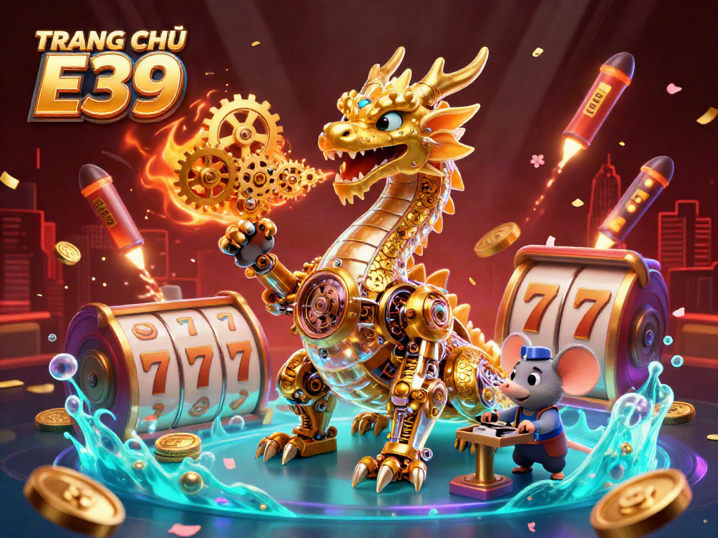 Engage in vibrant gameplay at TRANG CHỦ E39 with a golden dragon and slot reels illuminating the scene.