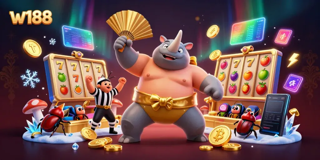 Engaging scene featuring a rhinoceros beetle sumo champion at w188, surrounded by jackpot symbols and Bitcoin elements.