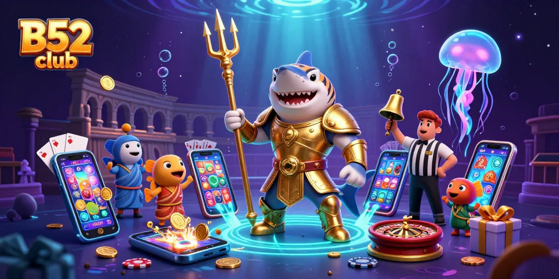 Engage with the thrilling action at B52 club, featuring a tiger shark in a dazzling underwater casino scene.