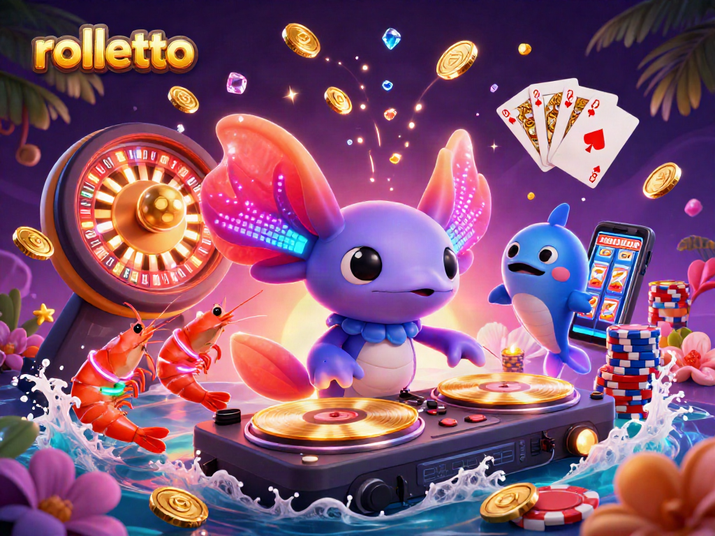 Experience rolletto's exciting casino adventure with a vibrant axolotl DJ and dynamic gaming elements.