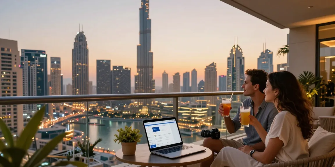 Couple reviewing airbnb management dashboard on a Dubai balcony, city skyline at sunset.