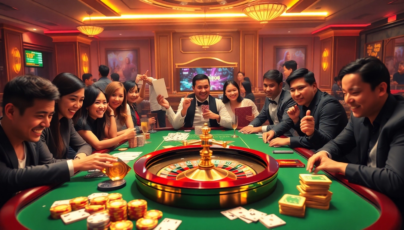 Exciting casino scene featuring fv888 with poker chips, cards, and roulette wheel for gambling enthusiasts.