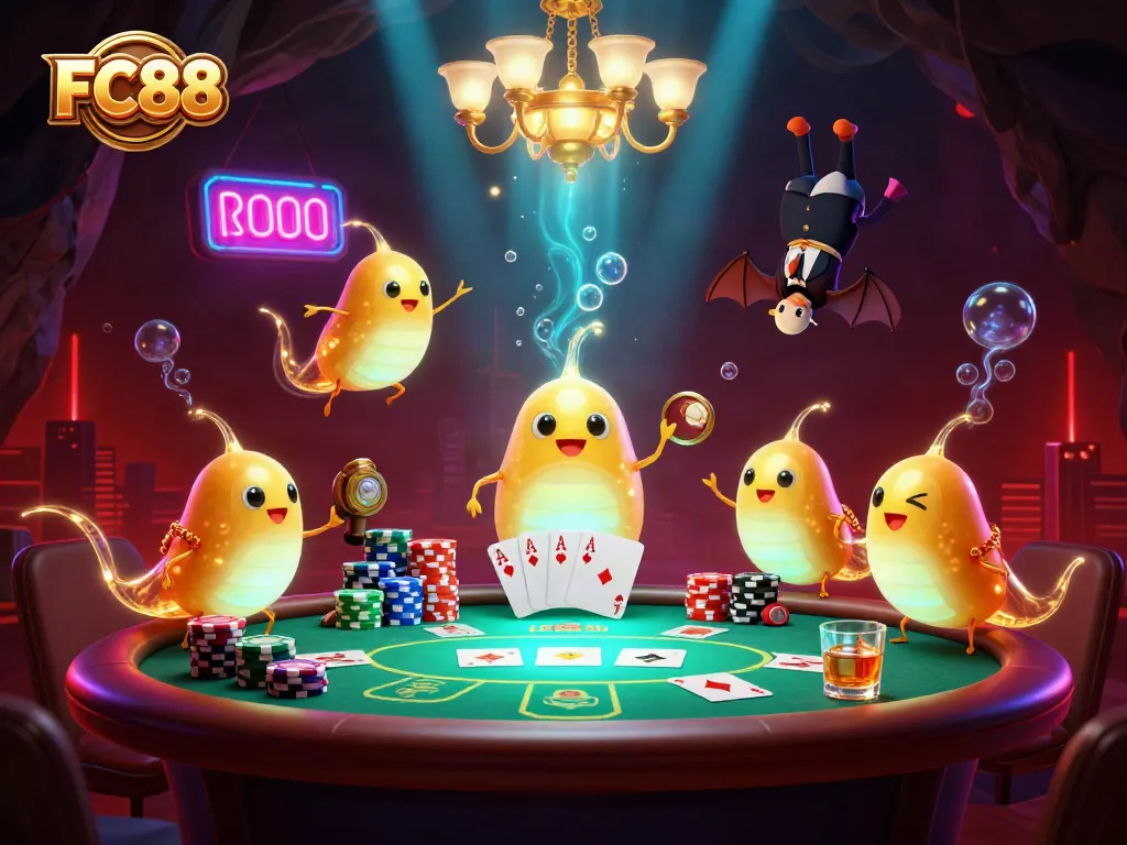 Engage with FC88 as glowworms illuminate a vibrant casino scene filled with poker action and rich game elements.