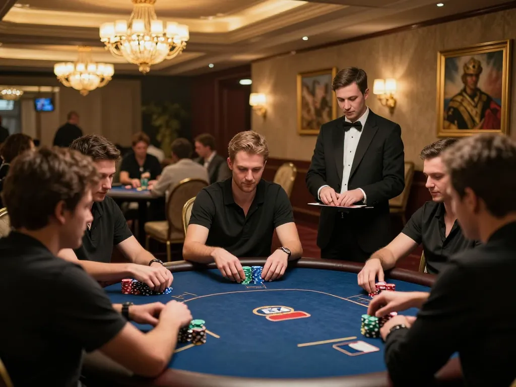 Players engaging in a high-stakes game at kuwin. com's luxurious poker room with elegant decor