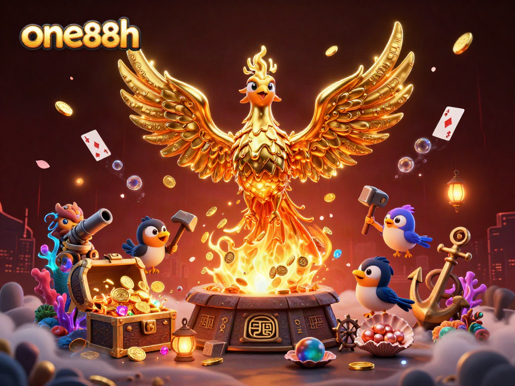 Engage in exciting betting at one88h, featuring a vibrant 3D casino scene with golden phoenix and treasures.