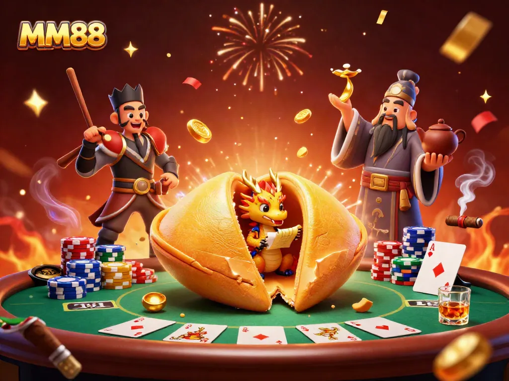 Engage with MM88’s vibrant gaming scene featuring poker chips, a golden fortune cookie, and more.