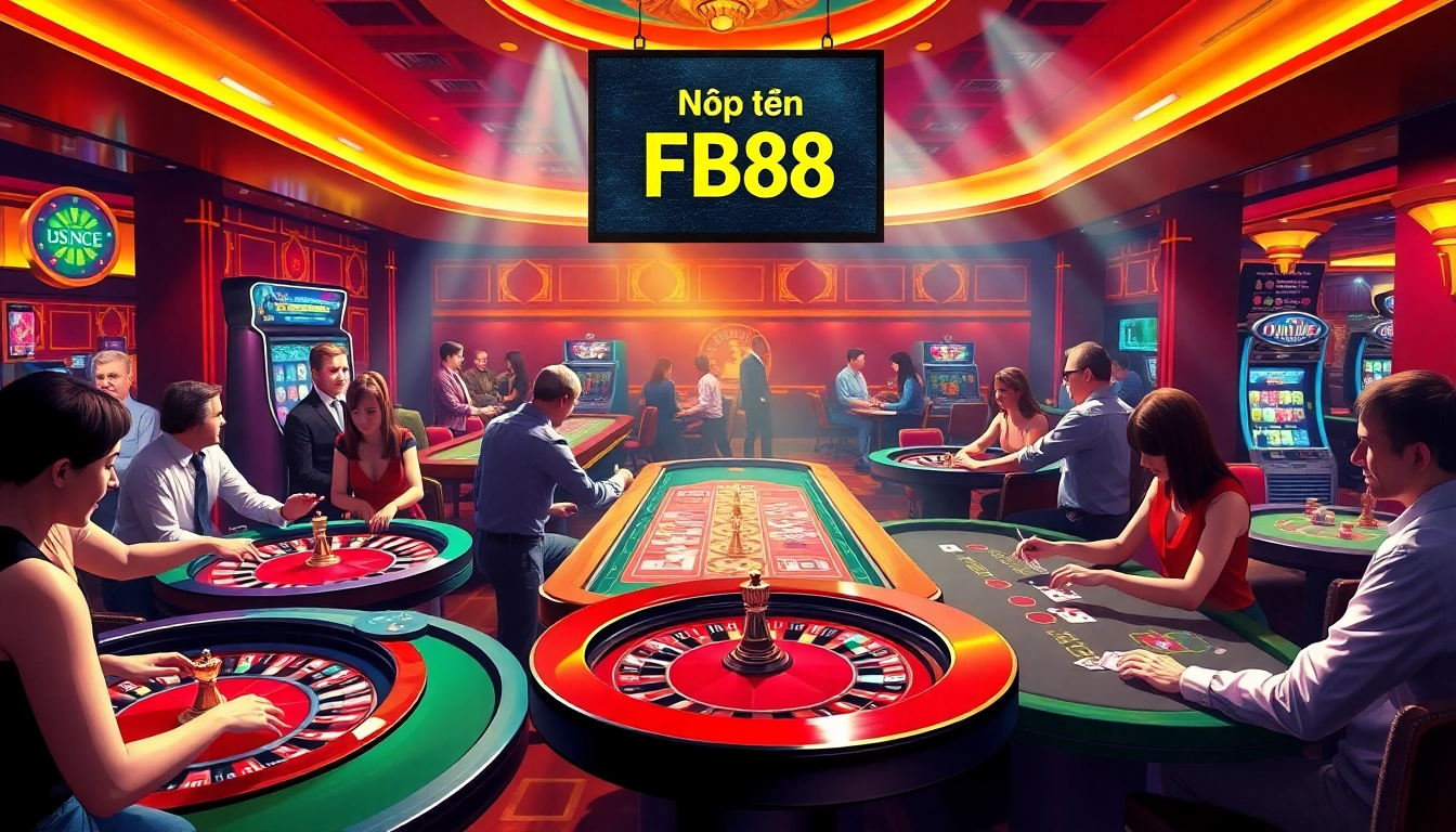 Gambling excitement at a casino with lively players and "Nạp Tiền FB88" visible, enhancing the thrill of winning.