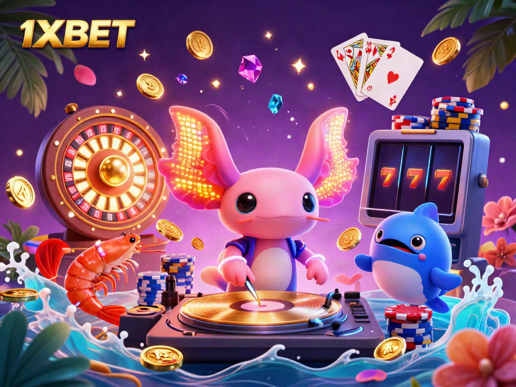 Experience the excitement of 1XBET with a vibrant scene featuring a DJ axolotl and colorful gaming elements.