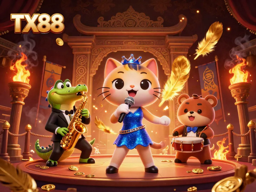 Experience TX88 with vibrant characters and dynamic casino elements in this captivating illustration.