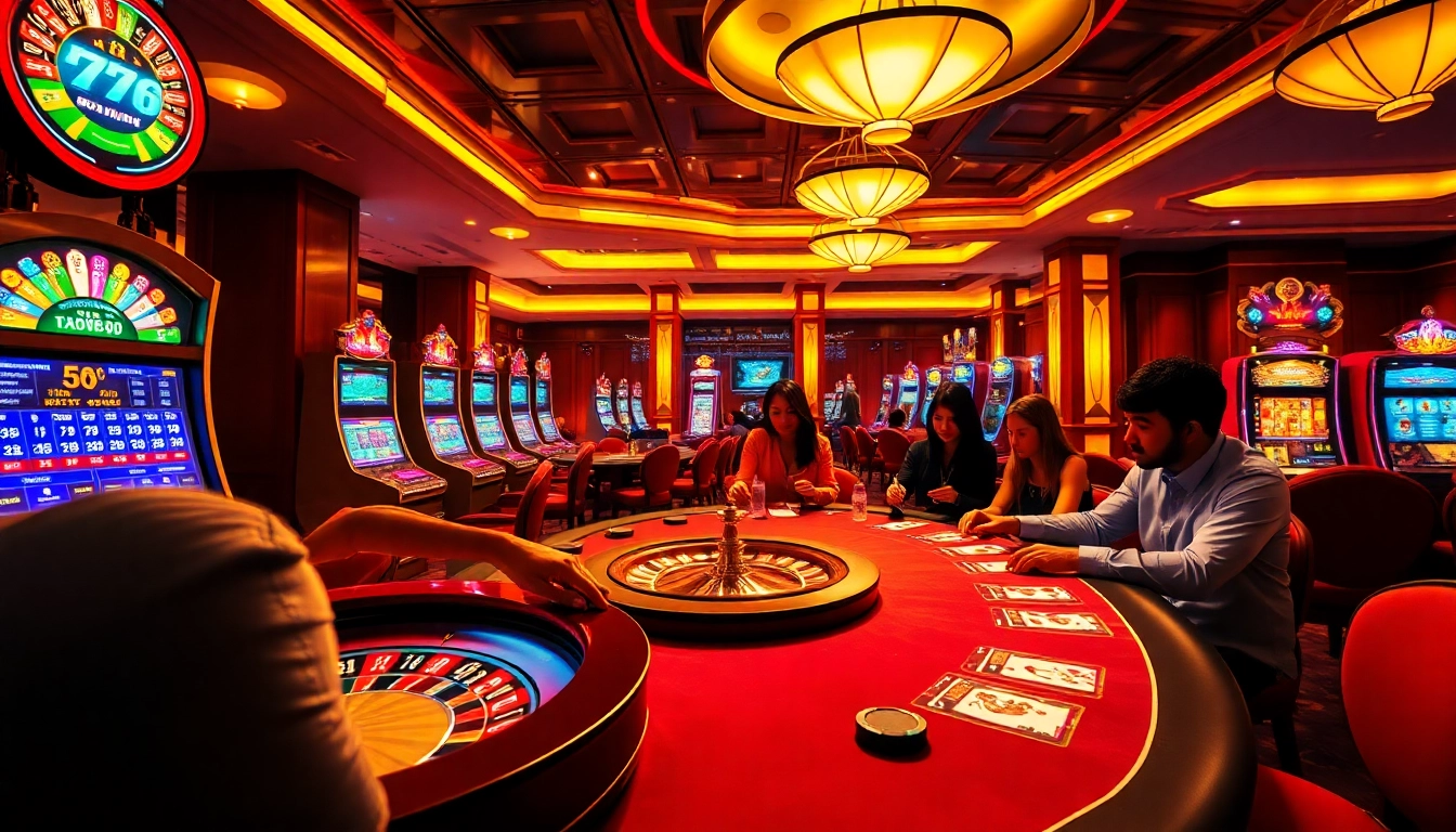 Experience exciting moments at ffgg88.com amidst a vibrant casino scene with players enjoying various games.