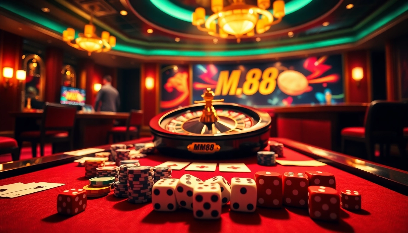 MM88 online gambling scene with roulette wheel, poker table, and casino dice in an elegant setting.