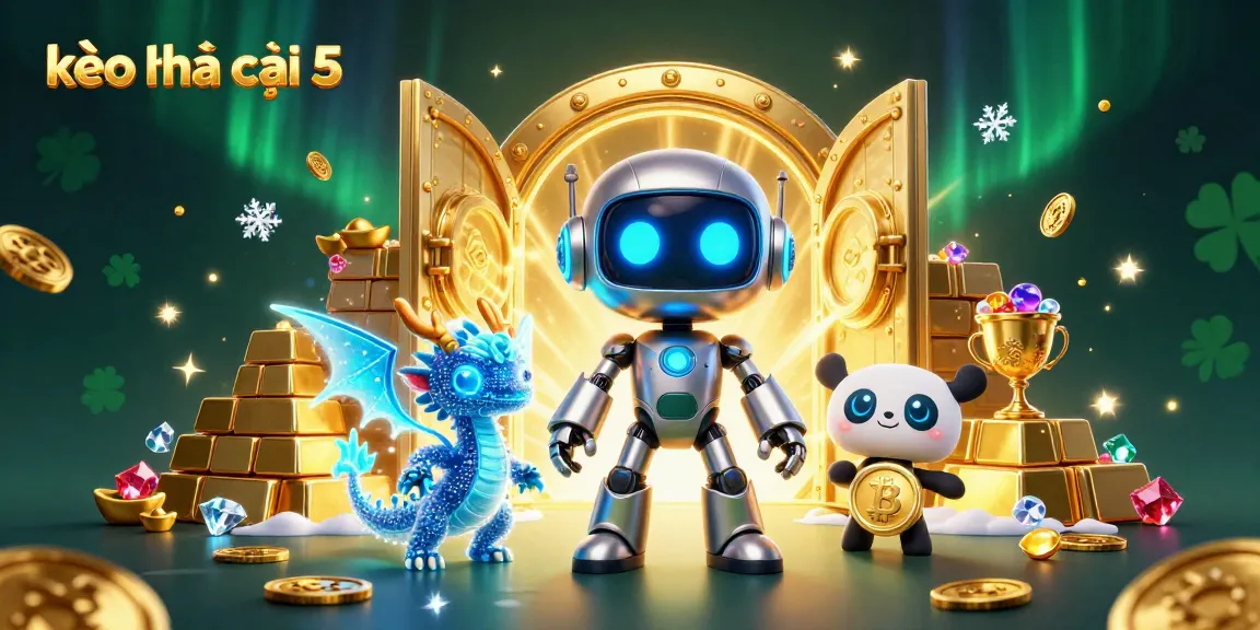 Experience vibrant gambling excitement with kèo nhà cái 5 featuring a cyberpunk robot, AI dragon, and bitcoin drone.