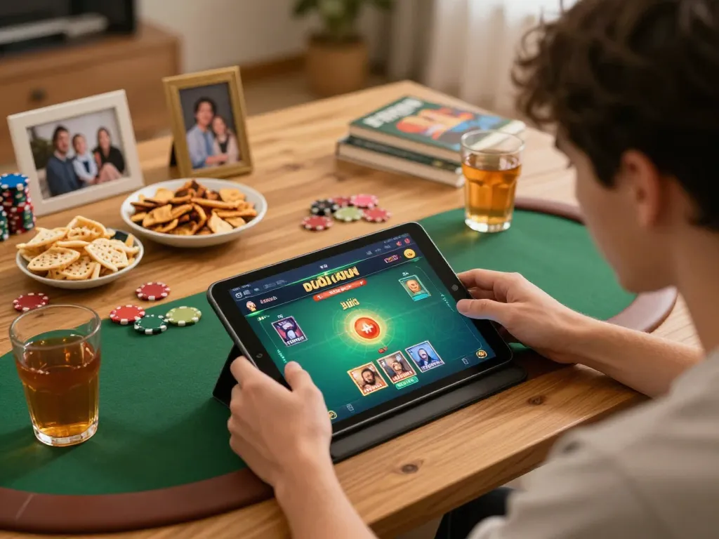 Engaging in top game bài đổi thưởng on a tablet during a cozy home gaming session.