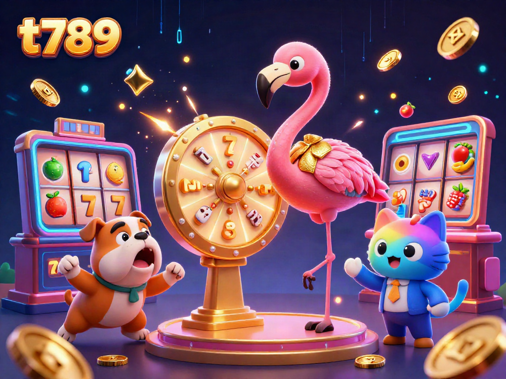 T789 showcases a vibrant 3D scene with a flamingo game show host, a bulldog contestant, and a cat scoreboard in a lively casino setting.