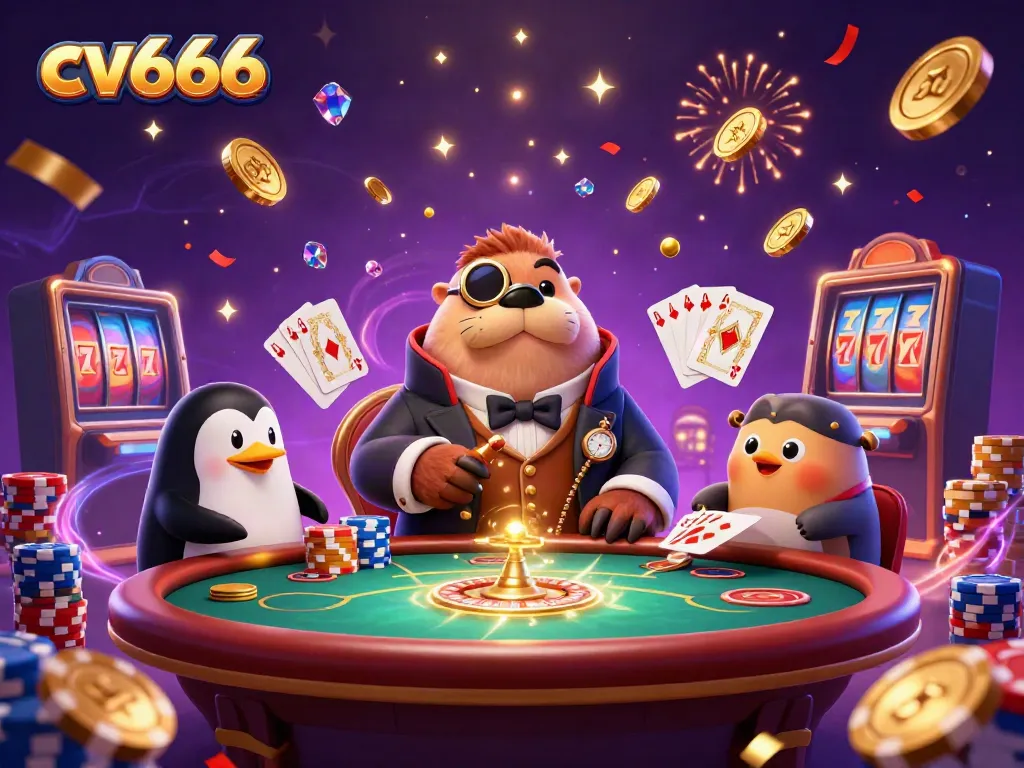 Join the fun at cv666 with a walrus, penguin dealer, and pufferfish at an underwater poker table.