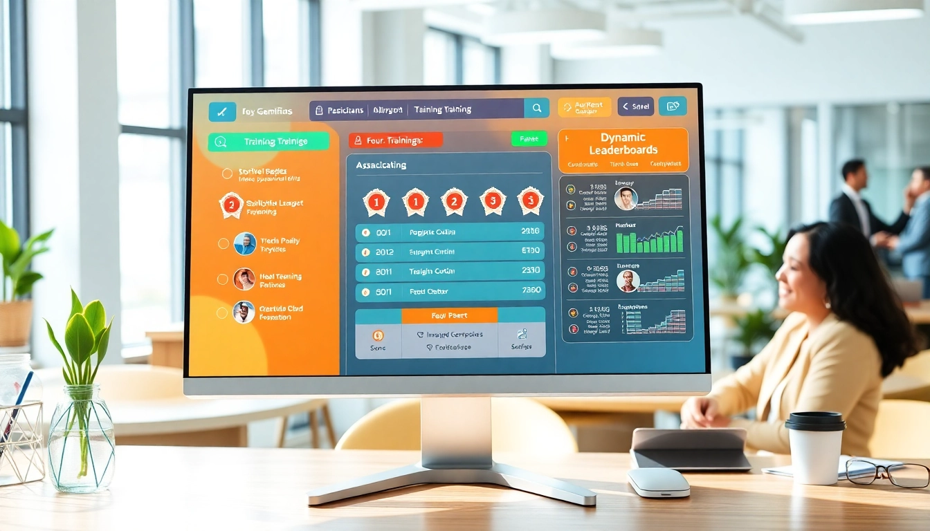 Experience training gamification with professionals engaged at a vibrant digital platform, showcasing badges and leaderboards.