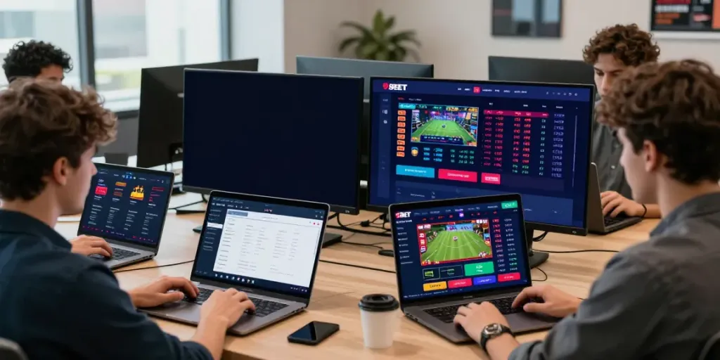 Users engaging with the 9bet nhà cái platform on multiple devices, highlighting the vibrant online betting experience.