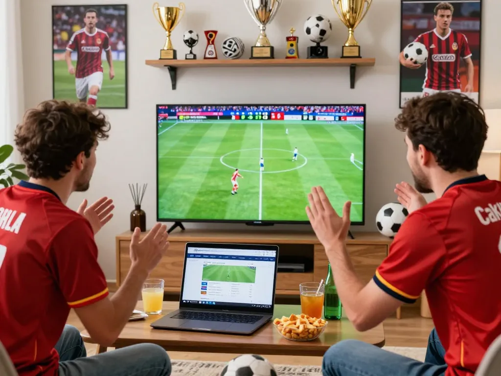 Excited fan watching footbal stream Cakhiatv on smart TV with snacks and team memorabilia.