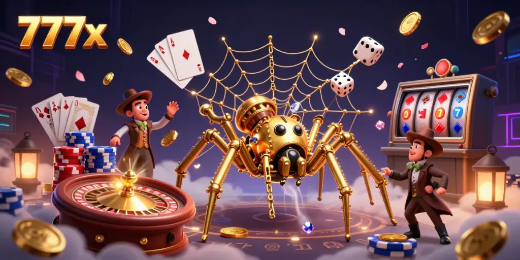 Engage in thrilling gameplay at 777x with a steampunk spider weaving luck in a vibrant casino scene.