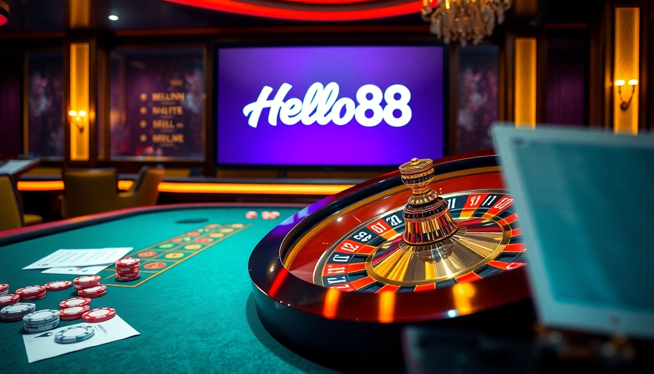 Hello88 gambling scene with roulette table and vibrant poker chips reflecting high-stakes excitement.