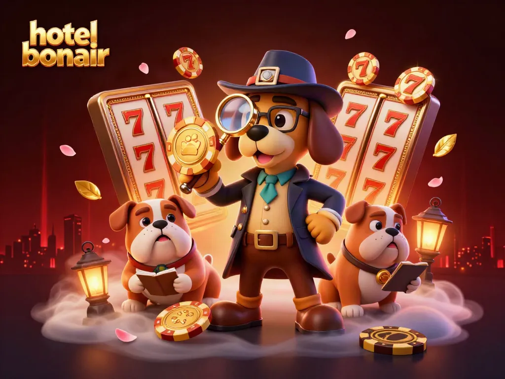 Engage with hotelbonair as a detective investigates a golden poker chip among vibrant slot reels.