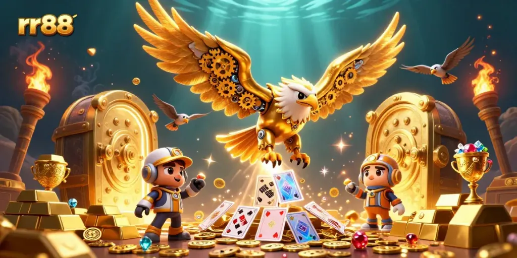 Experience thrilling gameplay at rr88 with a cybernetic eagle amidst golden treasures and holographic elements.