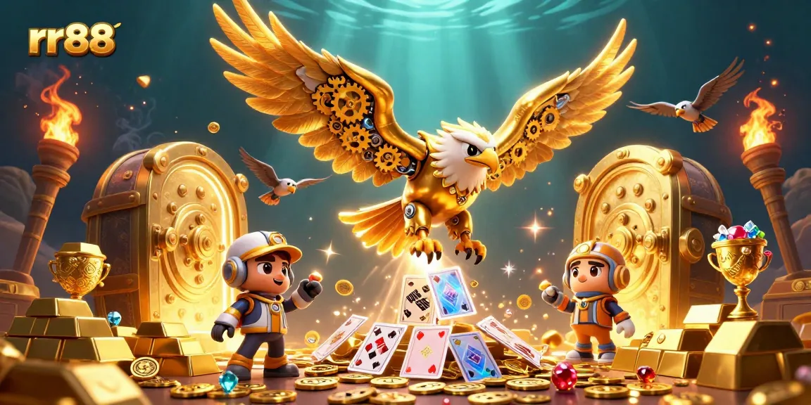 Experience thrilling gameplay at rr88 with a cybernetic eagle amidst golden treasures and holographic elements.