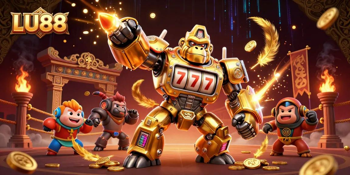 LU88's dynamic 3D illustration showcases a gorilla mech amidst vibrant casino elements.