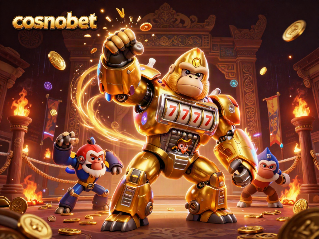 Experience cosmobet excitement with a golden gorilla mech smashing through coins and a dynamic casino battlefield.