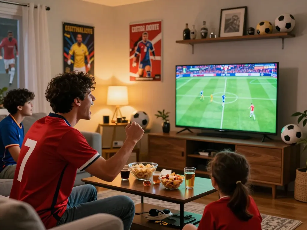Excited fan enjoying footbal stream Cakhiatv in a cozy living room during a live match.