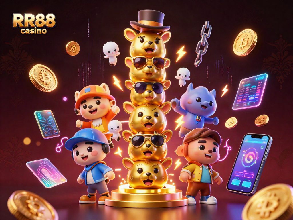 Experience RR88 casino's exciting games with vibrant designs and engaging features in this dynamic illustration.