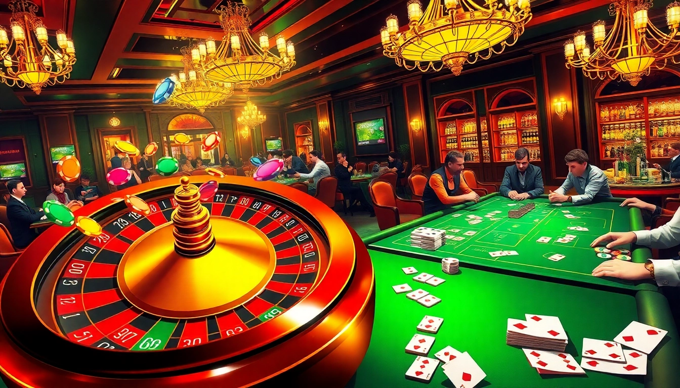 Experience the excitement at Nhà Cái FB88 with vibrant casino tables and spinning roulette wheels.
