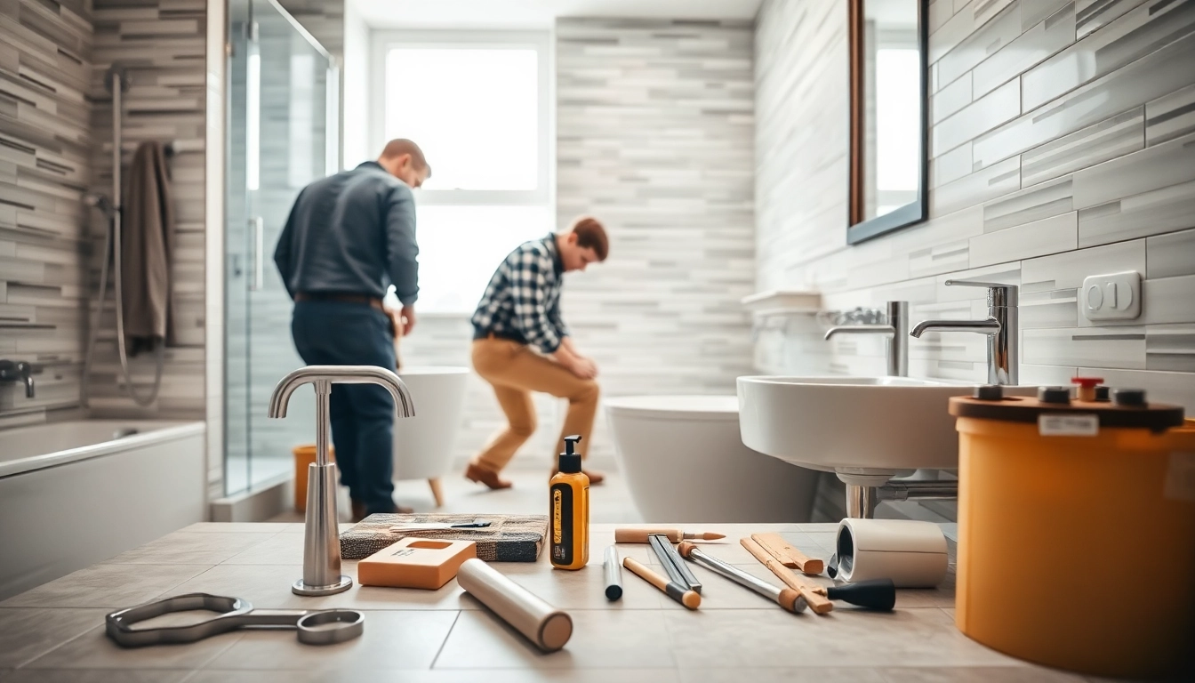 Manchester bathroom fitters renovating a modern, stylish bathroom with quality fixtures.