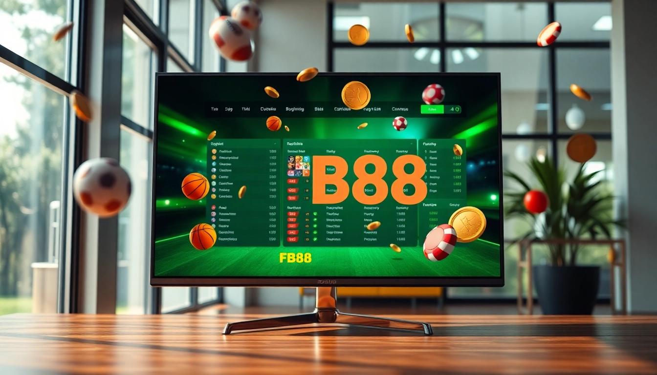 Capture the excitement of Nhà Cái FB88 with a digital sportsbook interface showcasing sports elements.