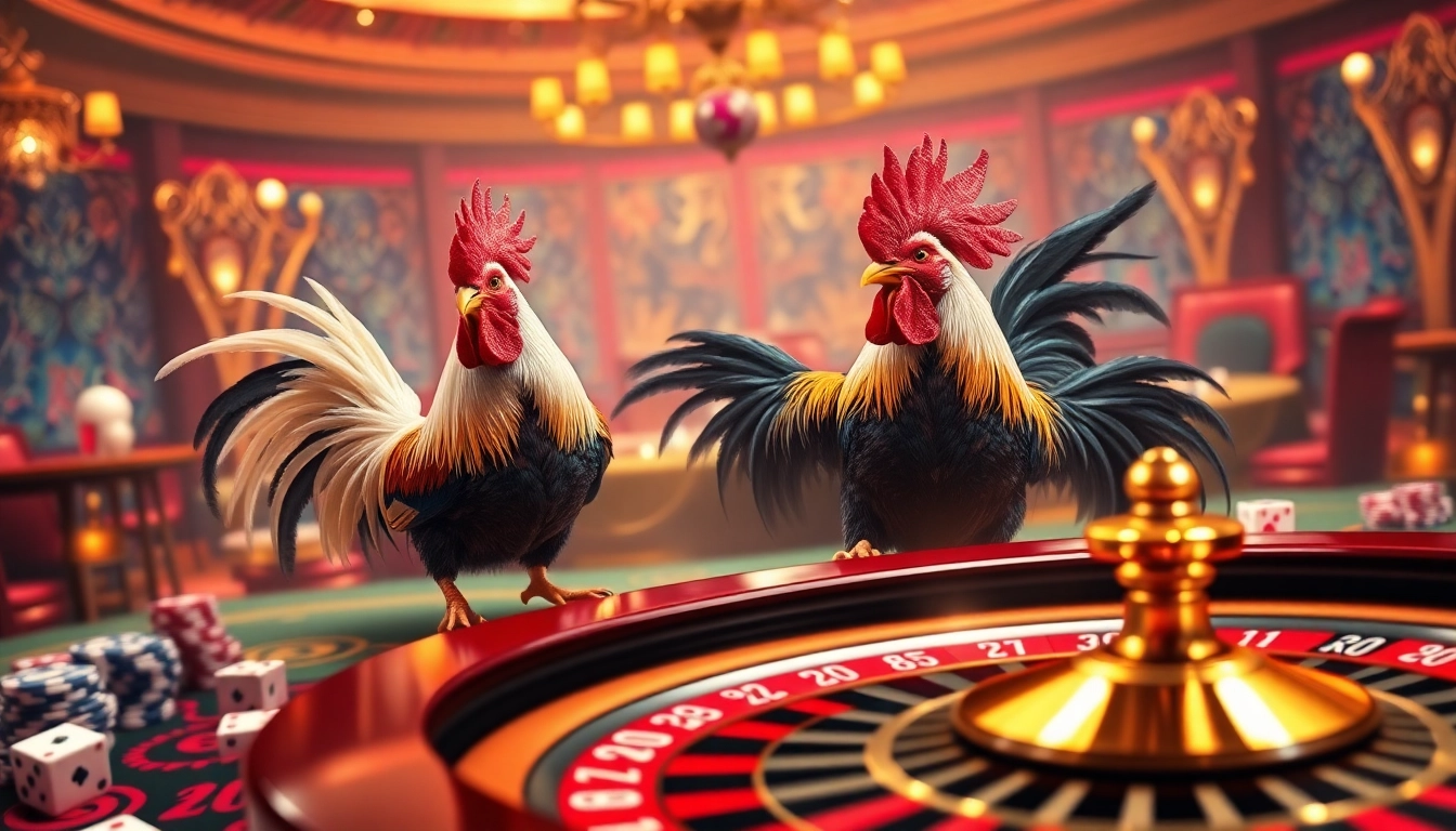 Energetic Đá Gà Thomo BJ888 betting scene featuring vibrant rooster battles at a casino.