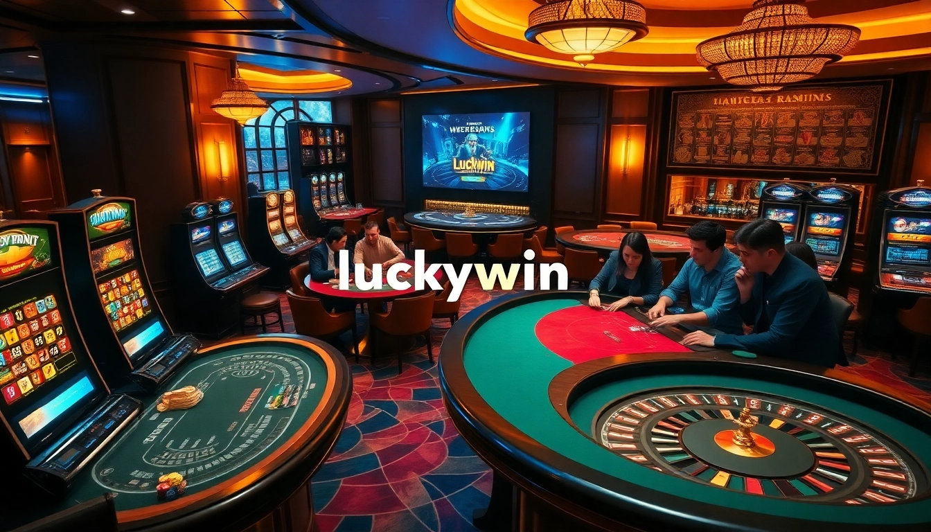 Experience the thrilling atmosphere of luckywin with vibrant slot machines and enthusiastic players at an online casino.