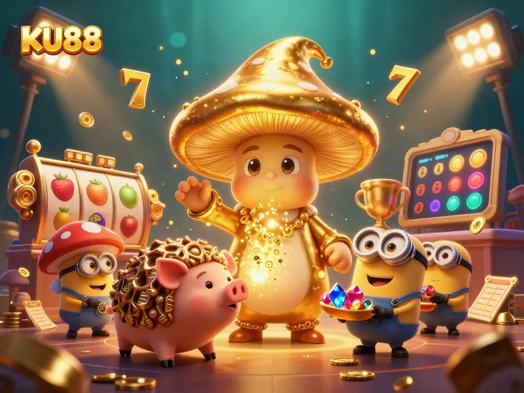 KU88 slots action with golden wizard and treasure-seeking companions in a dynamic casino scene.