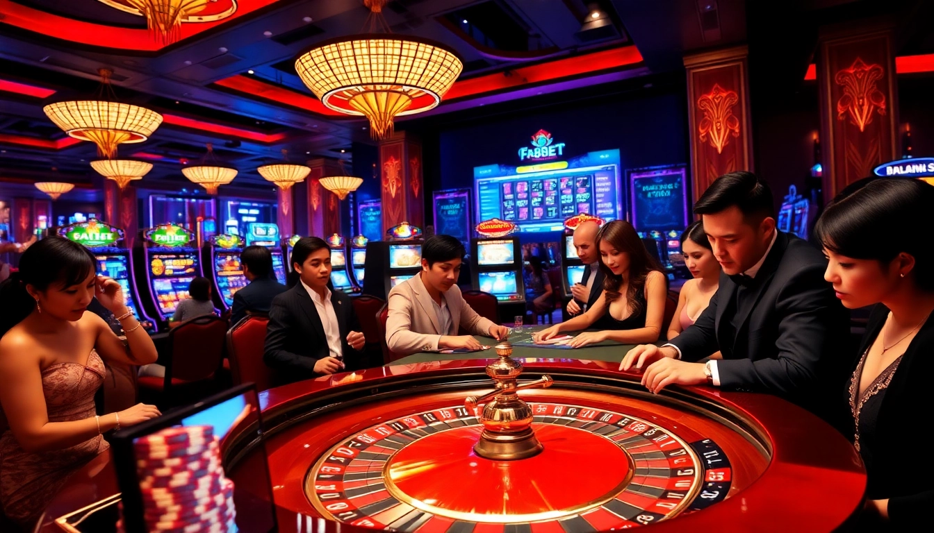 Experience the excitement at F88BET with players enjoying casino games surrounded by vibrant gaming machines.
