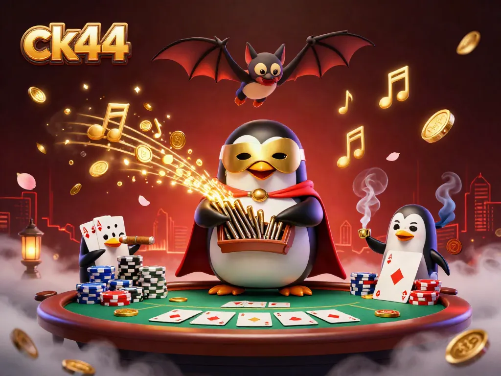Experience ck44 with a 3D cartoon penguin organist unleashing golden coins amidst vibrant casino elements.