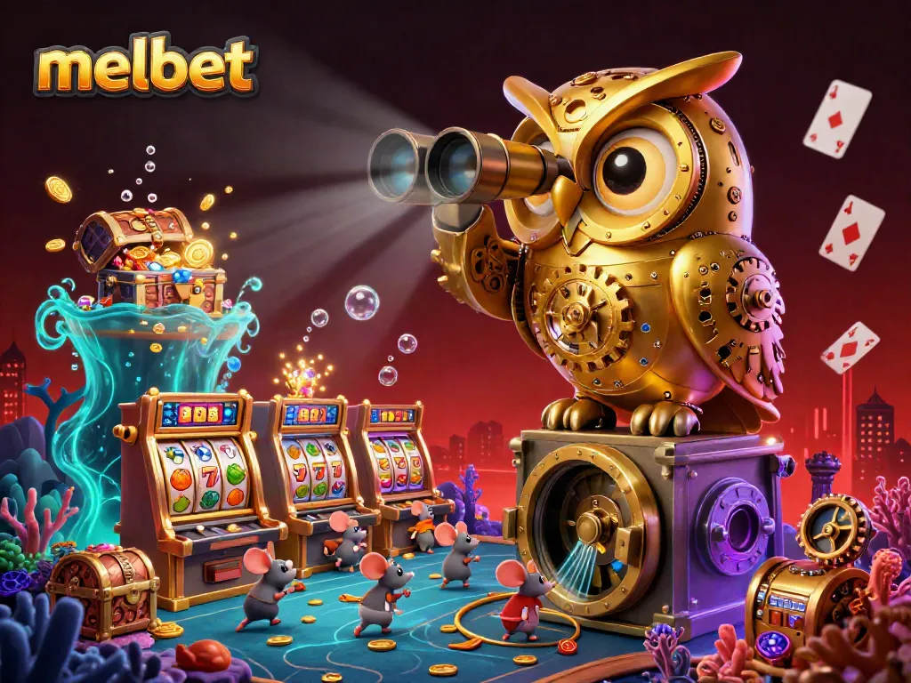 Experience the excitement of melbet with a vibrant casino scene featuring an owl monitoring slot machines.