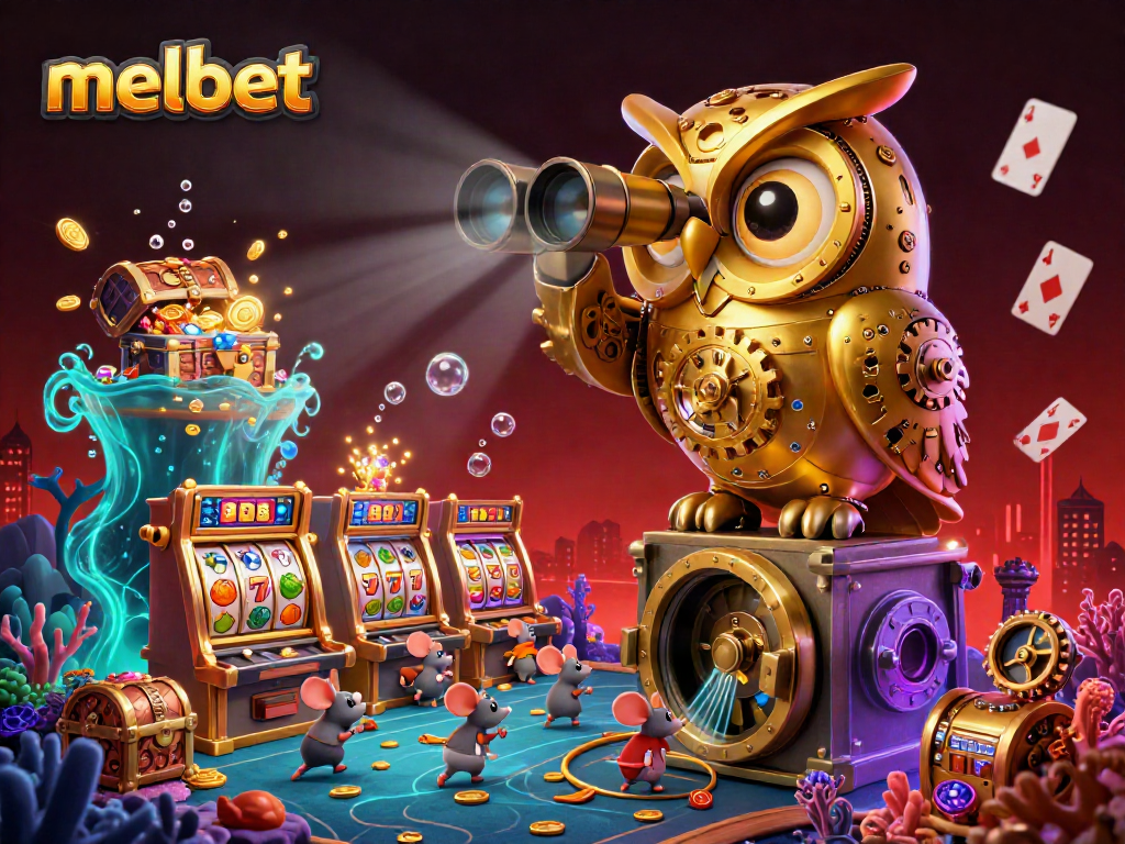 Experience the excitement of melbet with a vibrant casino scene featuring an owl monitoring slot machines.