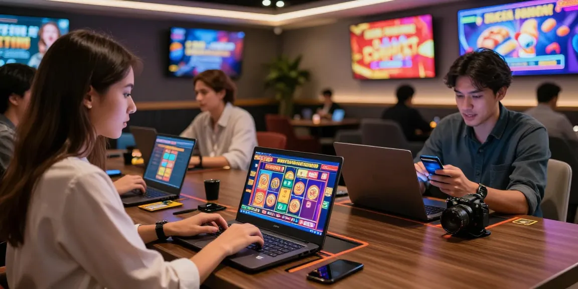 Players engaging at casinos that accept credit cards, highlighting a vibrant casino lounge with modern devices and lively atmosphere.