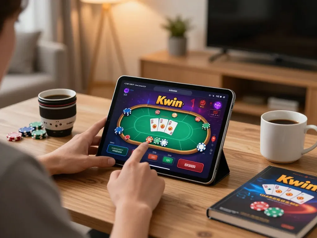 Kwin's app gameplay on a tablet, showing active poker game with chips and cards.