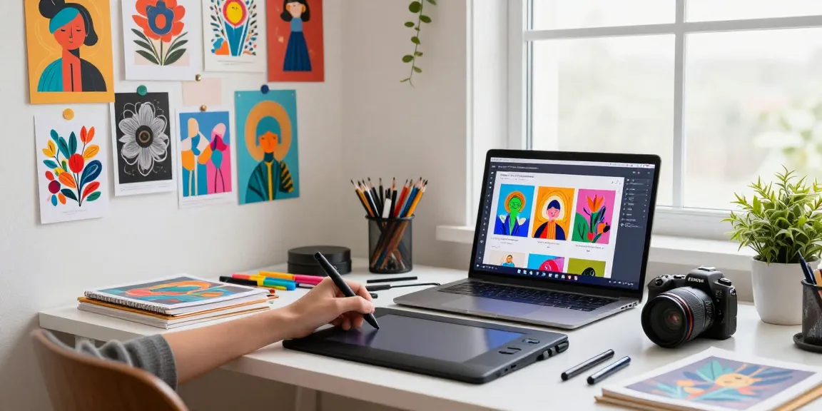 Digital artist using the image to prompt generator in a vibrant creative workspace.