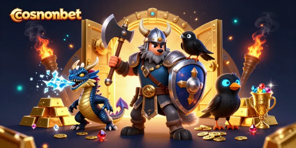 Join the action at cosmobet with a powerful Viking warrior, fierce dragon, and glowing treasures.