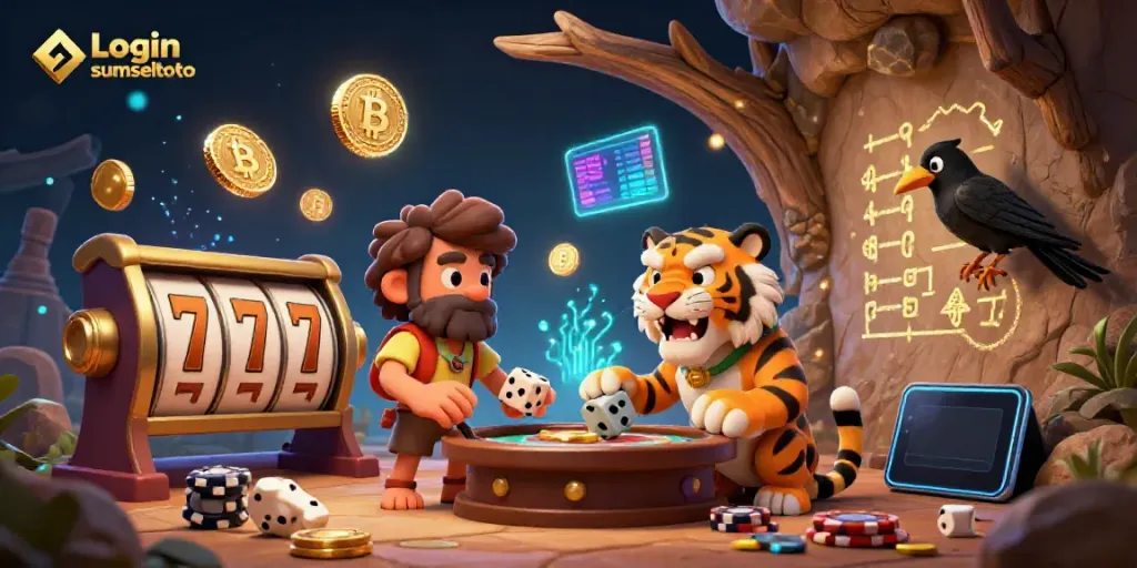 Engage in thrilling gameplay at Login sumseltoto with 3D casino elements and vibrant crypto visuals.