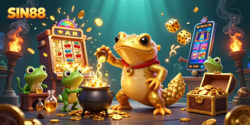 SIN88 offers immersive casino experiences with dynamic 3D elements, including slot machines and golden treasures.