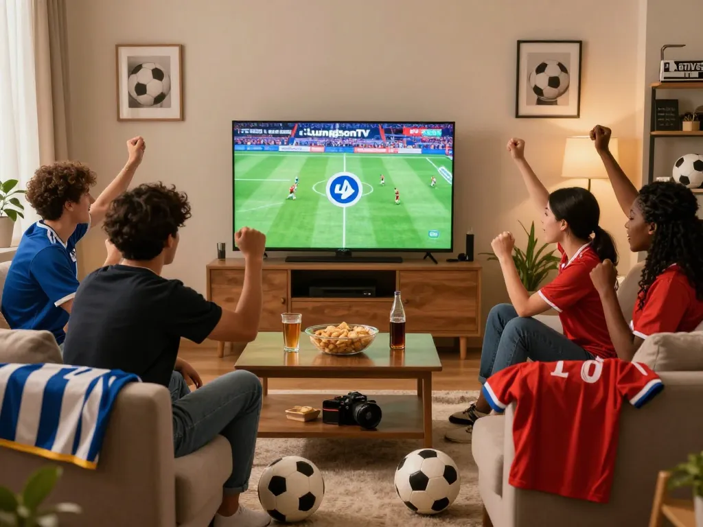 Friends enjoying a football match on Luongsontv, creating an engaging sports viewing atmosphere.