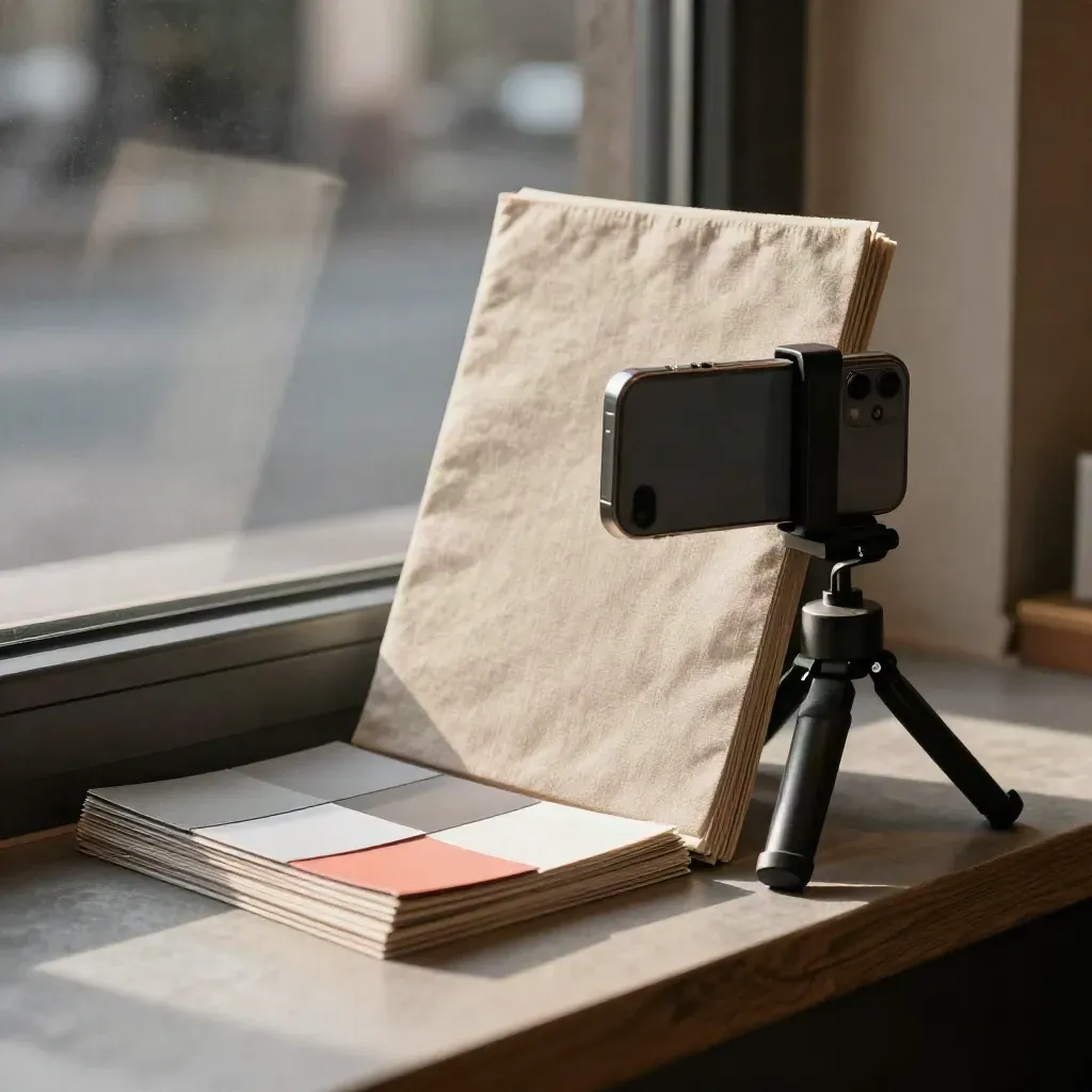 Phone mount, mini tripod, card stack and linen swatches on a café ledge in warm light.