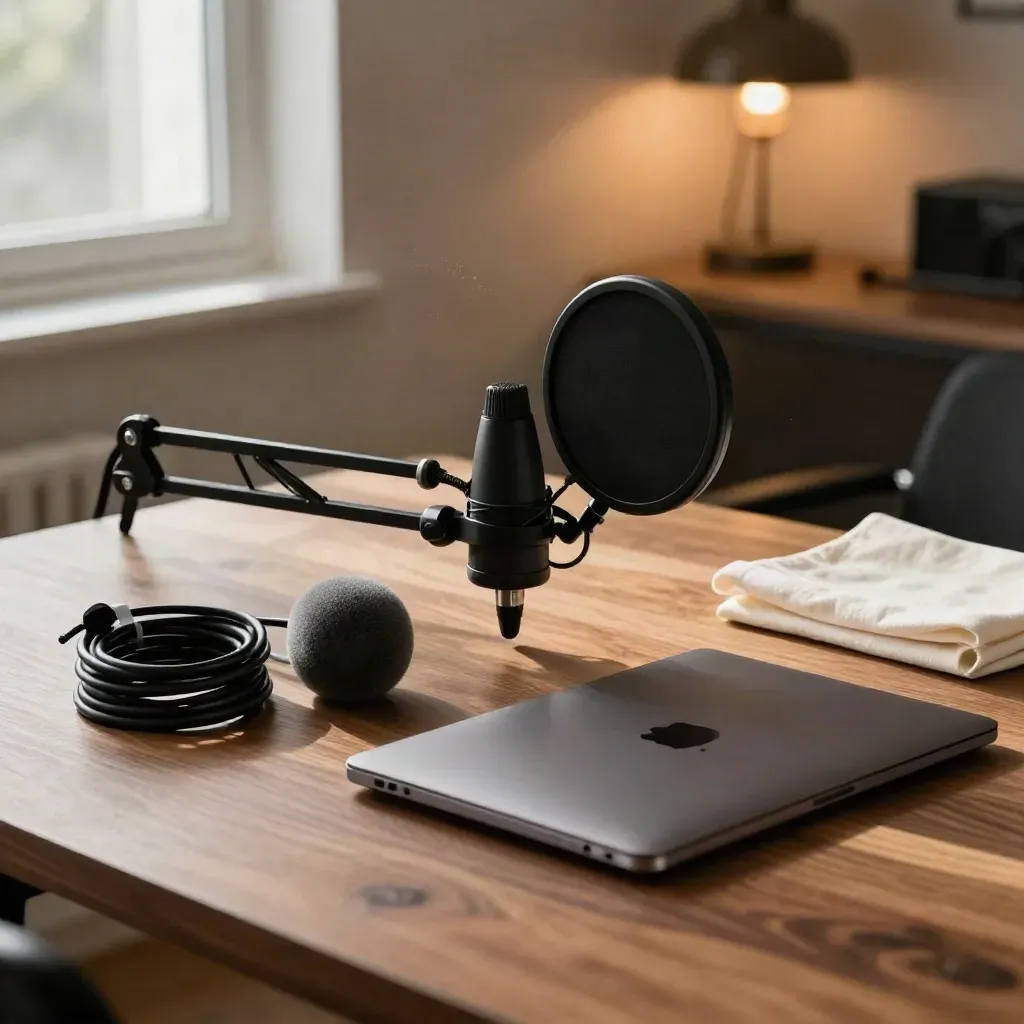 Podcast kit on a walnut studio table with a closed laptop, mic mount, pop filter and windscreens.
